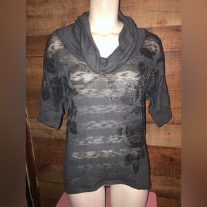 Vanity vintage floral sheer cowl neck sweater